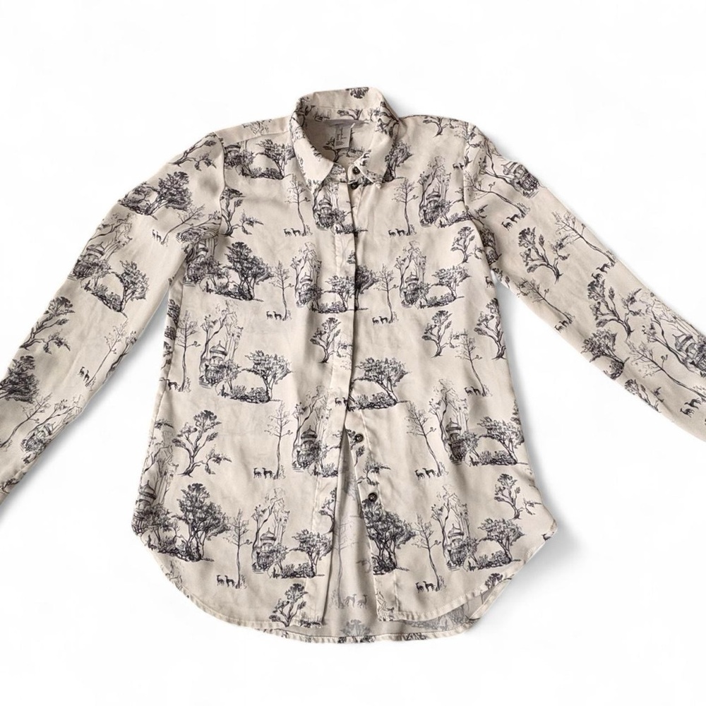 H&M Beige Button-Down Shirt with Black Scenic Print